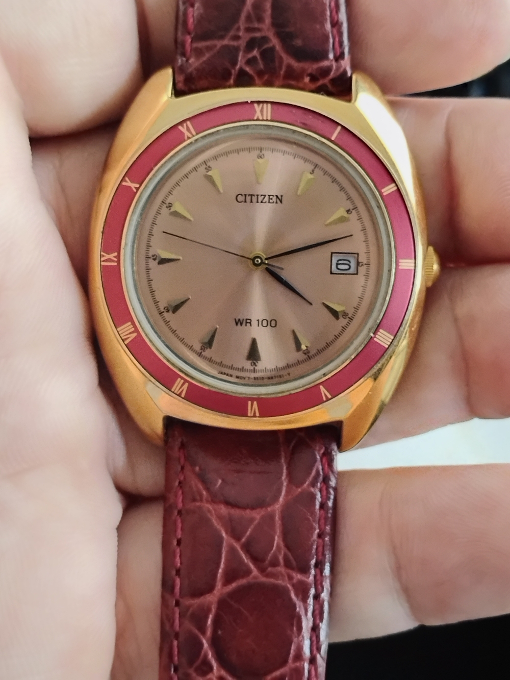 Citizen Men’s Gold-Tone Watch with Burgundy Dial and Strap
